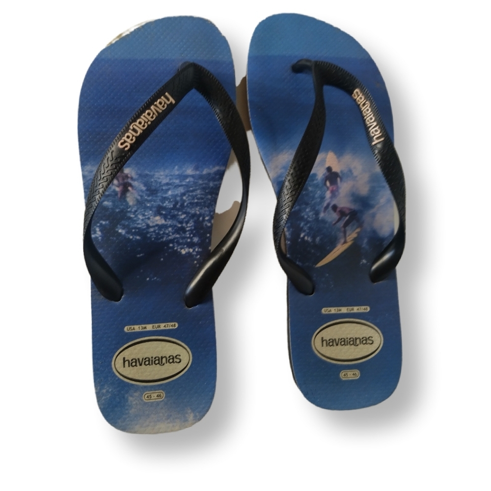 HAVAIANAS Men's Classic Surf Motif Blue and Black Flip Flops size 13